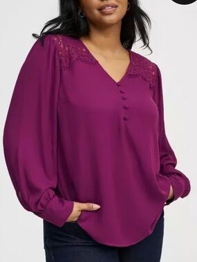 Torrid Harper Georgette Lace Trim Blouse berry plum caspia